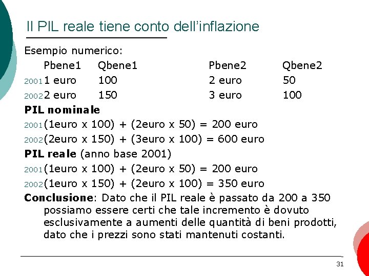 Il PIL reale tiene conto dell’inflazione Esempio numerico: Pbene 1 Qbene 1 Pbene 2