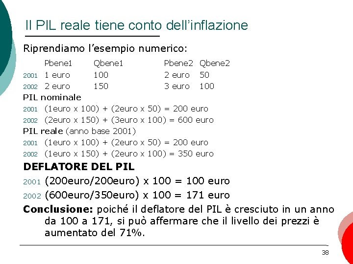 Il PIL reale tiene conto dell’inflazione Riprendiamo l’esempio numerico: Pbene 1 Qbene 1 2001