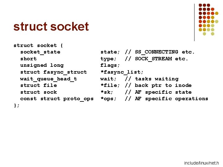struct socket { socket_state short unsigned long struct fasync_struct wait_queue_head_t struct file struct sock