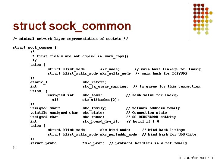 struct sock_common /* minimal network layer representation of sockets */ struct sock_common { /*
