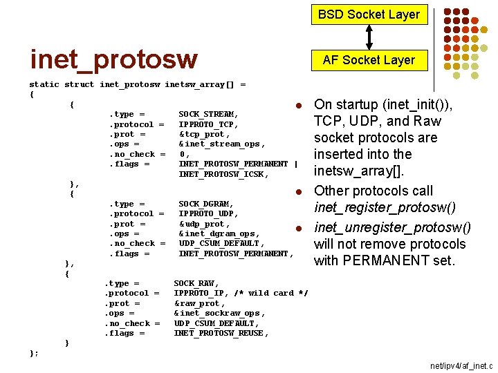 BSD Socket Layer inet_protosw static struct inet_protosw inetsw_array[] = { { l. type =
