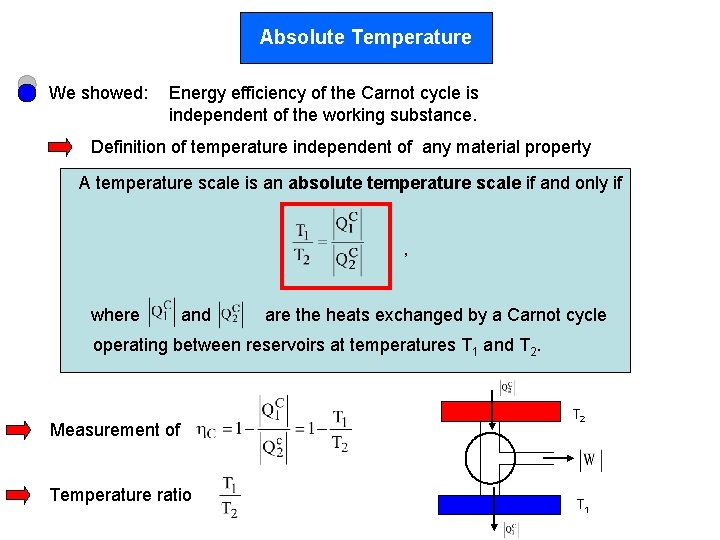 Absolute Temperature We showed: Energy efficiency of the Carnot cycle is independent of the