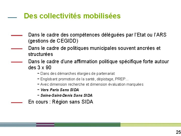 Des collectivités mobilisées Dans le cadre des compétences déléguées par l’Etat ou l’ARS (gestions