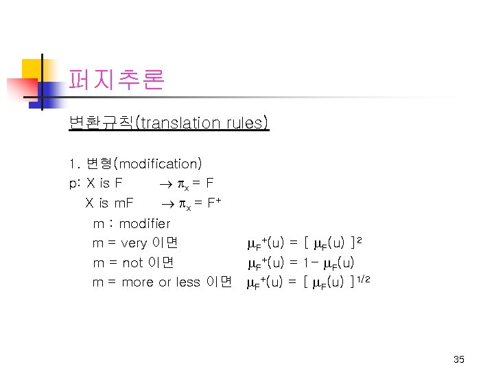 퍼지추론 변환규칙(translation rules) 1. 변형(modification) p: X is F x = F X is