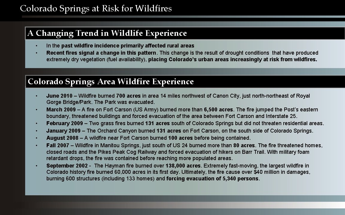 Colorado Springs at Risk for Wildfires A Changing Trend in Wildlife Experience • •