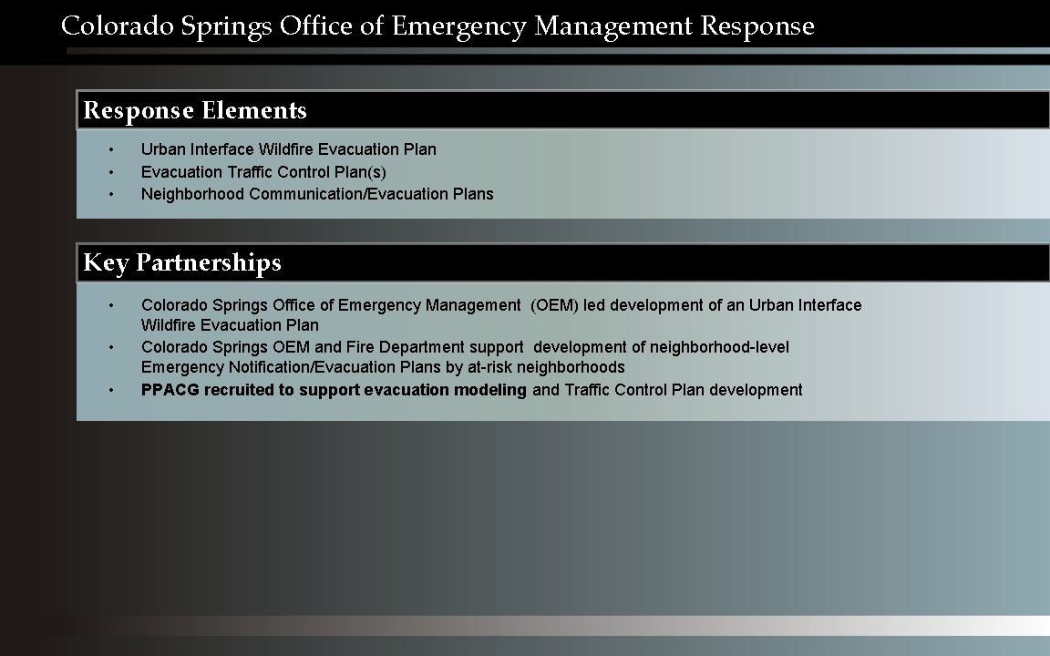 Colorado Springs Office of Emergency Management Response Elements • • • Urban Interface Wildfire