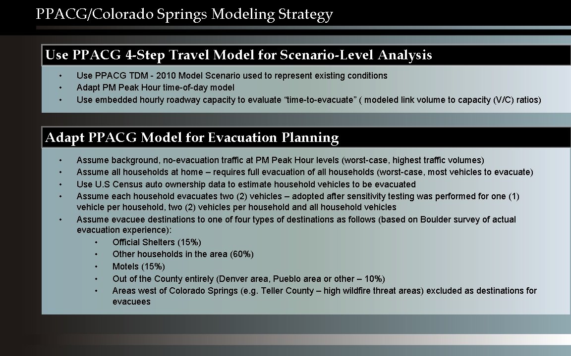 PPACG/Colorado Springs Modeling Strategy Use PPACG 4 -Step Travel Model for Scenario-Level Analysis •