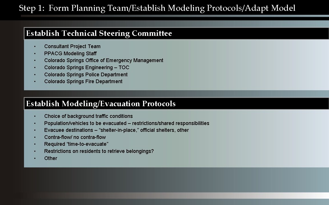 Step 1: Form Planning Team/Establish Modeling Protocols/Adapt Model Establish Technical Steering Committee • •