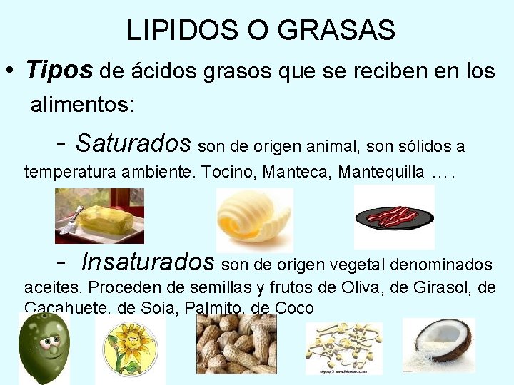 LIPIDOS O GRASAS • Tipos de ácidos grasos que se reciben en los alimentos: