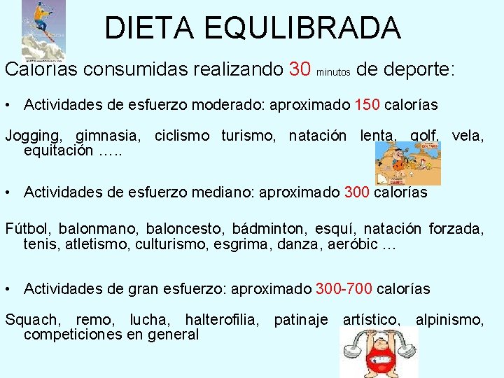 DIETA EQULIBRADA Calorías consumidas realizando 30 minutos de deporte: • Actividades de esfuerzo moderado: