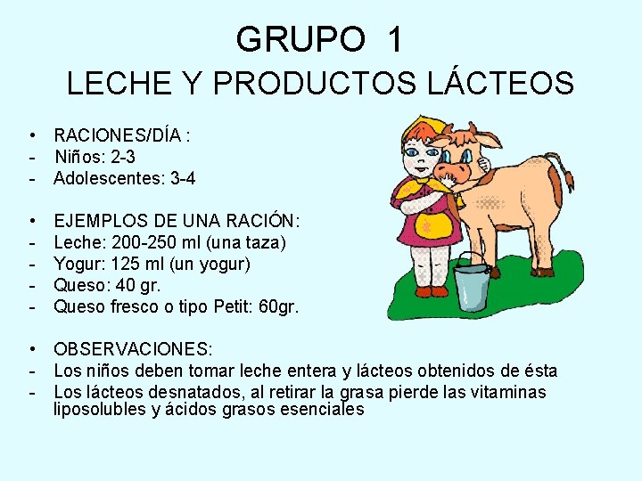 GRUPO 1 LECHE Y PRODUCTOS LÁCTEOS • RACIONES/DÍA : - Niños: 2 -3 -