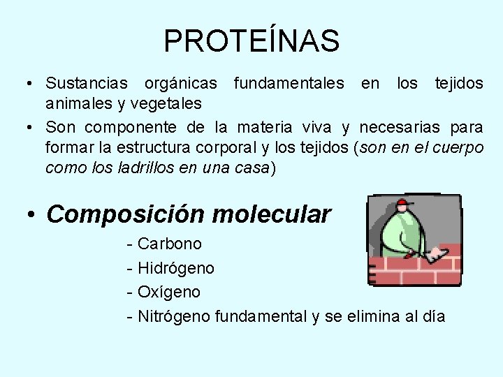 PROTEÍNAS • Sustancias orgánicas fundamentales en los tejidos animales y vegetales • Son componente