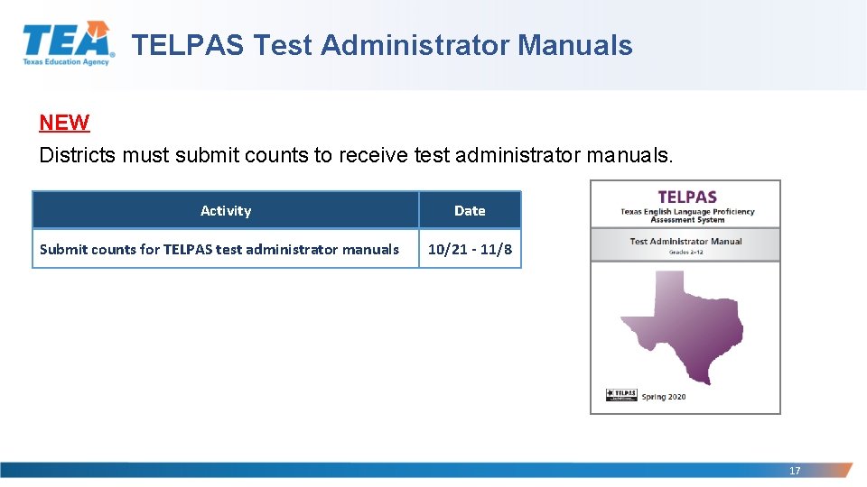 TELPAS Test Administrator Manuals NEW Districts must submit counts to receive test administrator manuals.