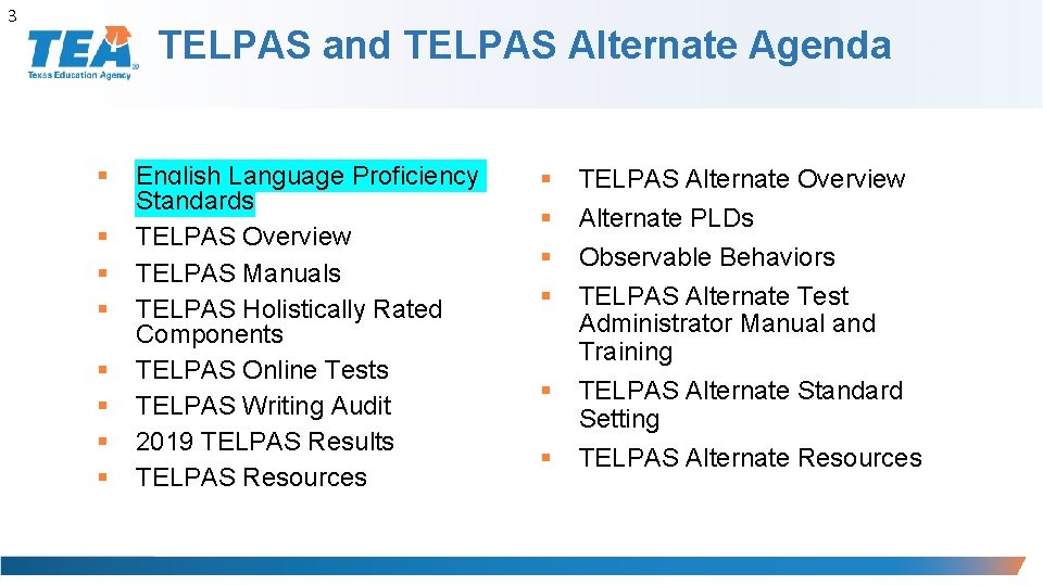 3 TELPAS and TELPAS Alternate Agenda § § § § English Language Proficiency Standards