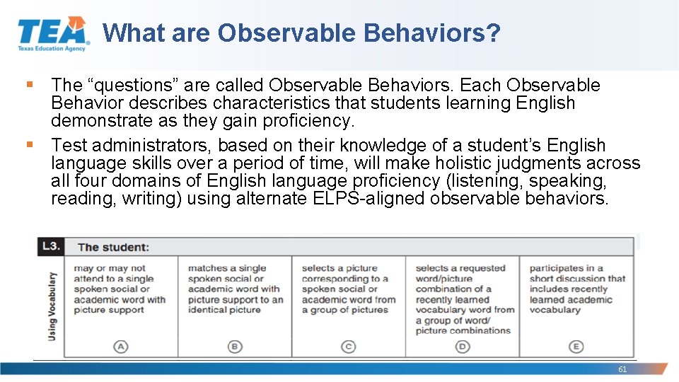 What are Observable Behaviors? § The “questions” are called Observable Behaviors. Each Observable Behavior