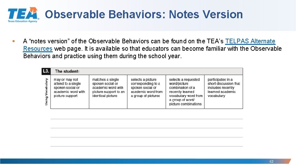 Observable Behaviors: Notes Version § A “notes version” of the Observable Behaviors can be
