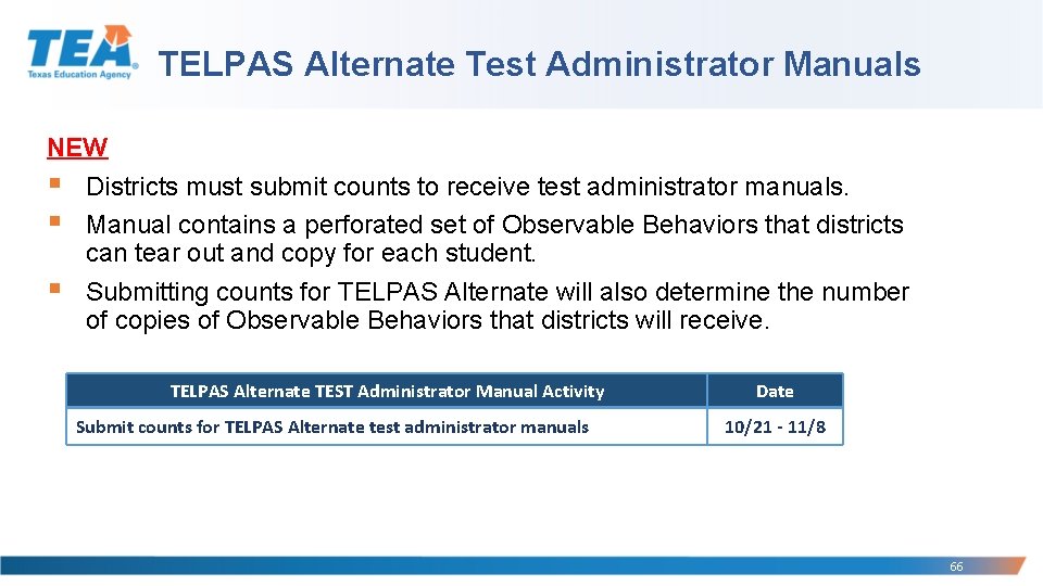 TELPAS Alternate Test Administrator Manuals NEW § Districts must submit counts to receive test