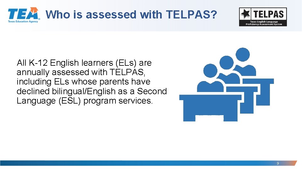 Who is assessed with TELPAS? All K-12 English learners (ELs) are annually assessed with