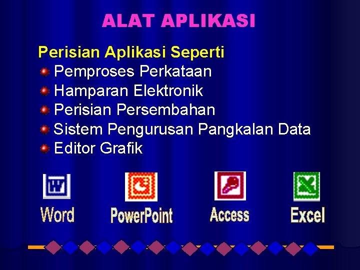 ALAT APLIKASI Perisian Aplikasi Seperti Pemproses Perkataan Hamparan Elektronik Perisian Persembahan Sistem Pengurusan Pangkalan