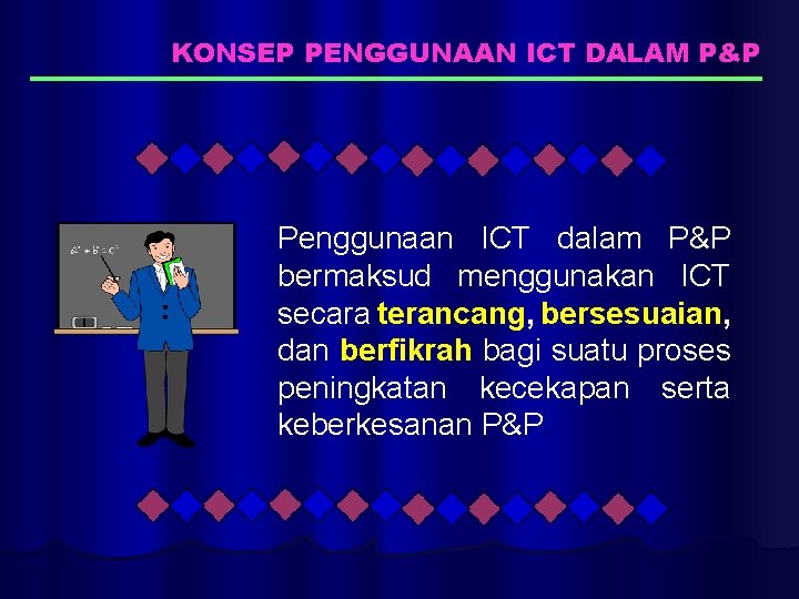 KONSEP PENGGUNAAN ICT DALAM P&P Penggunaan ICT dalam P&P bermaksud menggunakan ICT secara terancang,