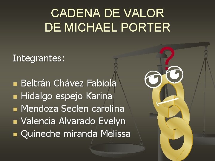 CADENA DE VALOR DE MICHAEL PORTER Integrantes: n n n Beltrán Chávez Fabiola Hidalgo CADENA DE VALOR DE MICHAEL PORTER Integrantes: n n n Beltrán Chávez Fabiola Hidalgo