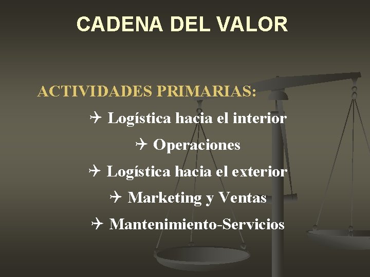 CADENA DEL VALOR ACTIVIDADES PRIMARIAS: Q Logística hacia el interior Q Operaciones Q Logística CADENA DEL VALOR ACTIVIDADES PRIMARIAS: Q Logística hacia el interior Q Operaciones Q Logística