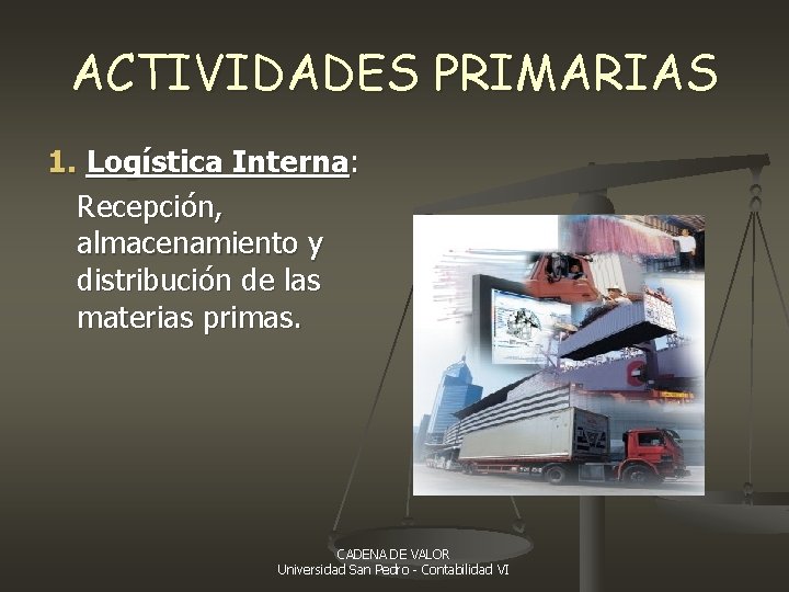 ACTIVIDADES PRIMARIAS 1. Logística Interna: Recepción, almacenamiento y distribución de las materias primas. CADENA ACTIVIDADES PRIMARIAS 1. Logística Interna: Recepción, almacenamiento y distribución de las materias primas. CADENA