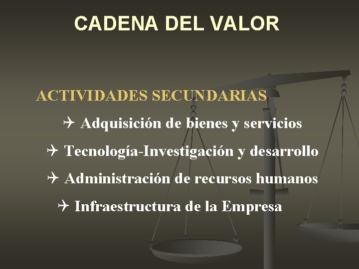 CADENA DEL VALOR ACTIVIDADES SECUNDARIAS Q Adquisición de bienes y servicios Q Tecnología-Investigación y CADENA DEL VALOR ACTIVIDADES SECUNDARIAS Q Adquisición de bienes y servicios Q Tecnología-Investigación y