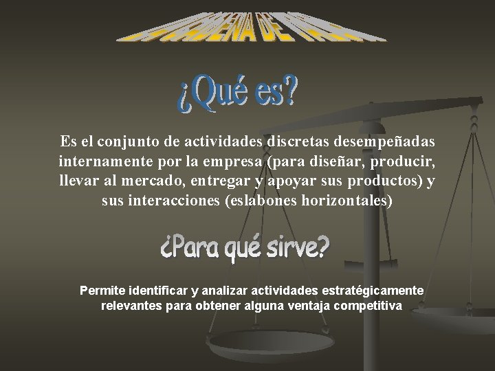 Es el conjunto de actividades discretas desempeñadas internamente por la empresa (para diseñar, producir, Es el conjunto de actividades discretas desempeñadas internamente por la empresa (para diseñar, producir,