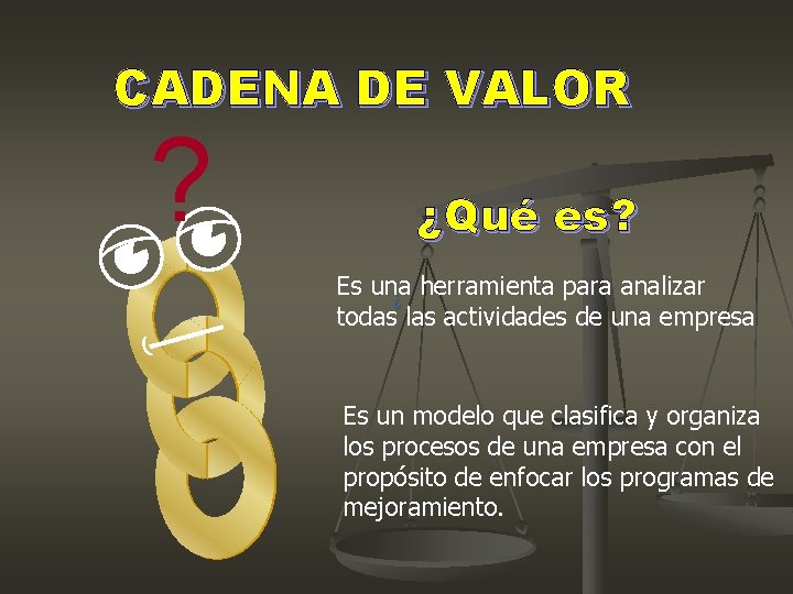 CADENA DE VALOR ? ¿Qué es? Es una ¿ herramienta para analizar todas las CADENA DE VALOR ? ¿Qué es? Es una ¿ herramienta para analizar todas las