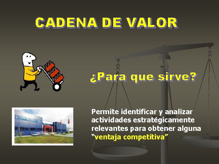 CADENA DE VALOR ¿Para que sirve? Permite identificar y analizar actividades estratégicamente relevantes para CADENA DE VALOR ¿Para que sirve? Permite identificar y analizar actividades estratégicamente relevantes para