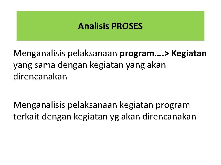 Analisis PROSES Menganalisis pelaksanaan program…. > Kegiatan yang sama dengan kegiatan yang akan direncanakan