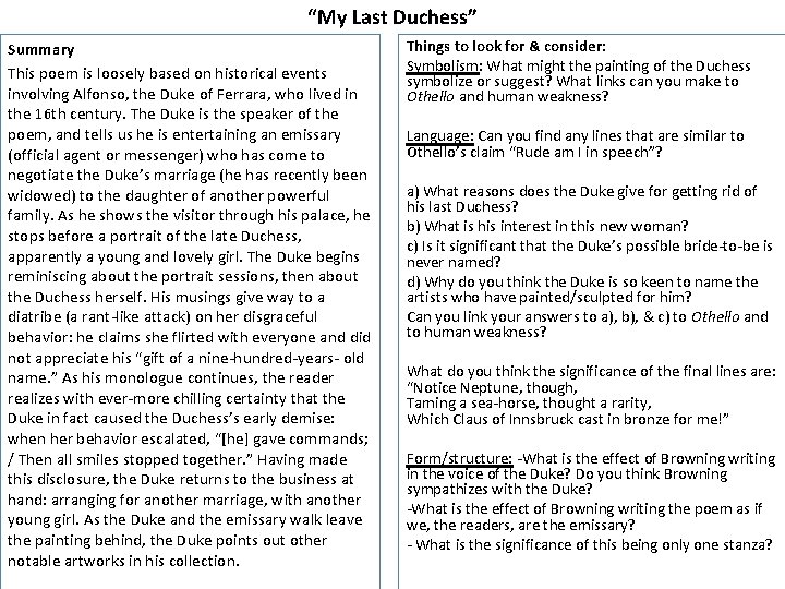 “My Last Duchess” Summary This poem is loosely based on historical events involving Alfonso,