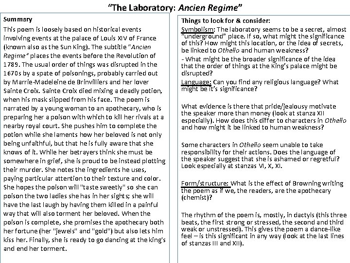 “The Laboratory: Ancien Regime” Summary This poem is loosely based on historical events involving