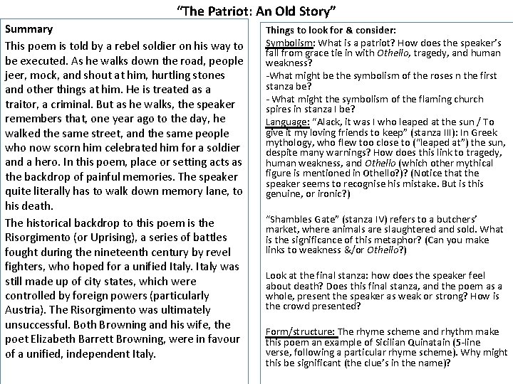 “The Patriot: An Old Story” Summary This poem is told by a rebel soldier