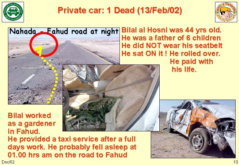 Private car: 1 Dead (13/Feb/02) Nahada - Fahud road at night Bilal al Hosni