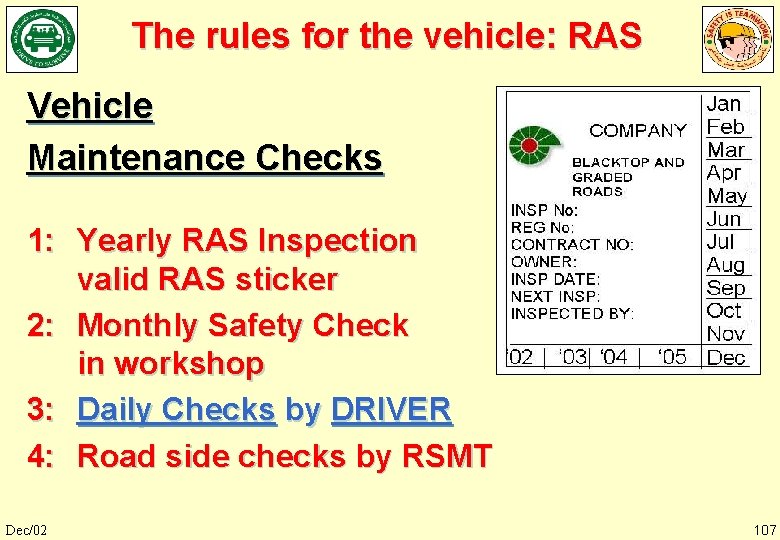 The rules for the vehicle: RAS Vehicle Maintenance Checks 1: Yearly RAS Inspection valid