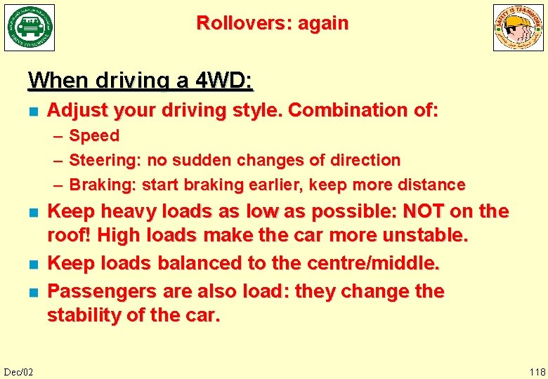 Rollovers: again When driving a 4 WD: n Adjust your driving style. Combination of: