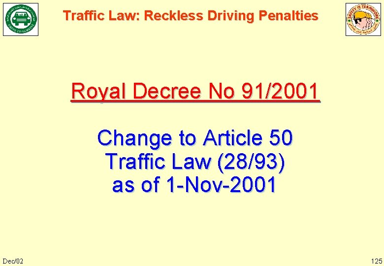 Traffic Law: Reckless Driving Penalties Royal Decree No 91/2001 Change to Article 50 Traffic