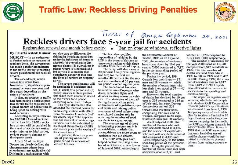 Traffic Law: Reckless Driving Penalties Dec/02 126 