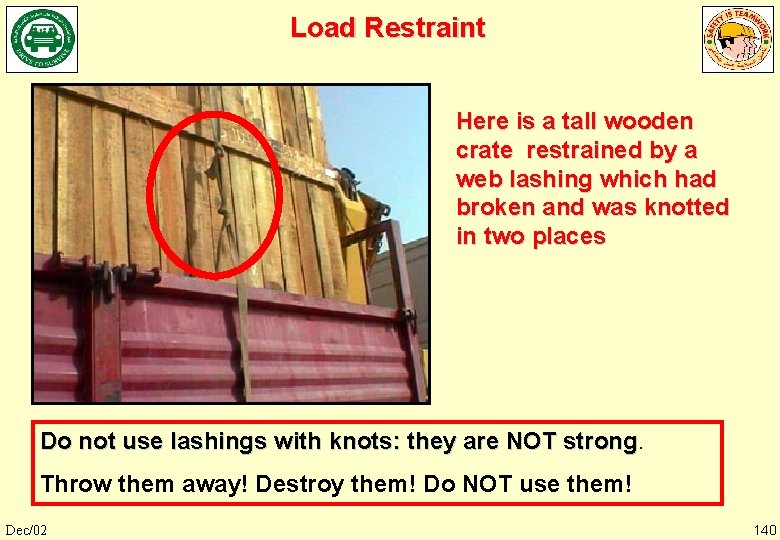 Load Restraint Here is a tall wooden crate restrained by a web lashing which