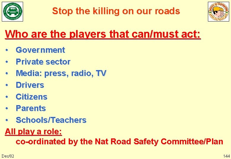 Stop the killing on our roads Who are the players that can/must act: •