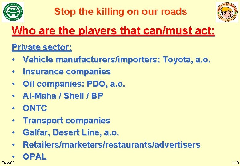 Stop the killing on our roads Who are the players that can/must act: Private