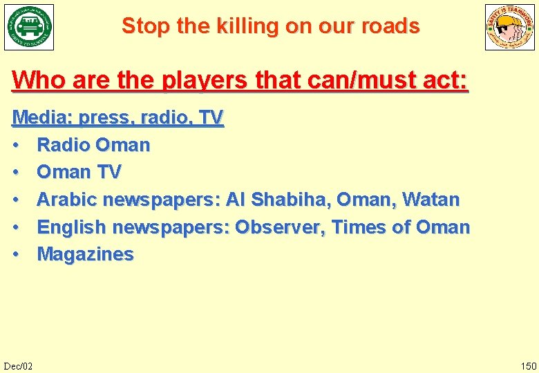 Stop the killing on our roads Who are the players that can/must act: Media: