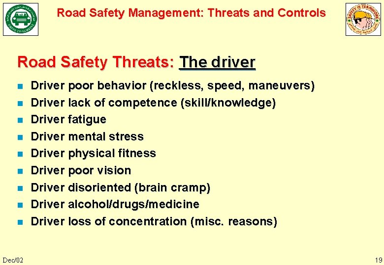 Road Safety Management: Threats and Controls Road Safety Threats: The driver n n n