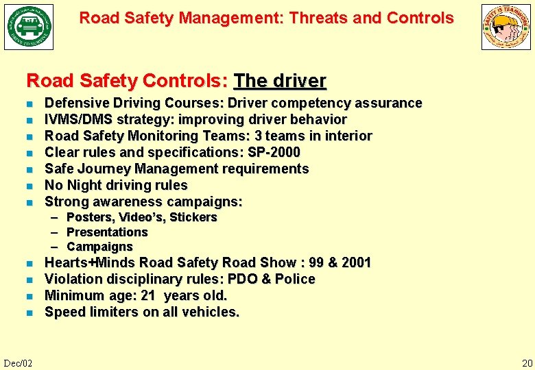 Road Safety Management: Threats and Controls Road Safety Controls: The driver n n n