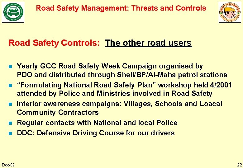 Road Safety Management: Threats and Controls Road Safety Controls: The other road users n