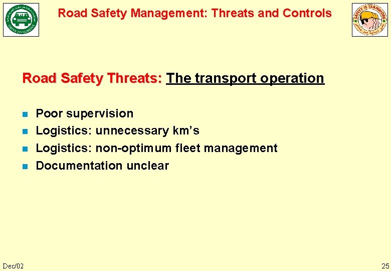 Road Safety Management: Threats and Controls Road Safety Threats: The transport operation n n