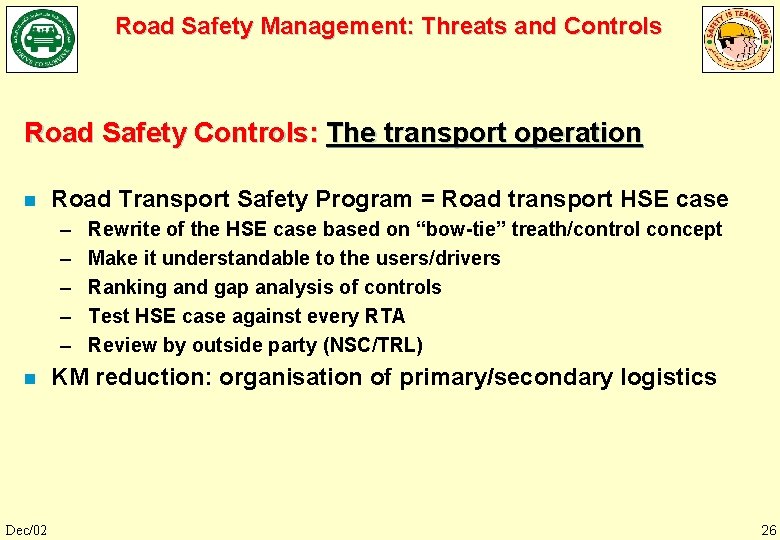 Road Safety Management: Threats and Controls Road Safety Controls: The transport operation n Road