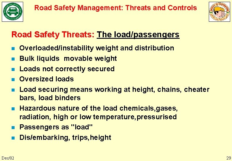 Road Safety Management: Threats and Controls Road Safety Threats: The load/passengers n n n